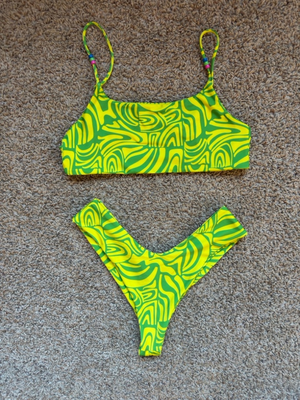 Skatie Neon Green & Yellow Abstract Print Bikini Set size medium